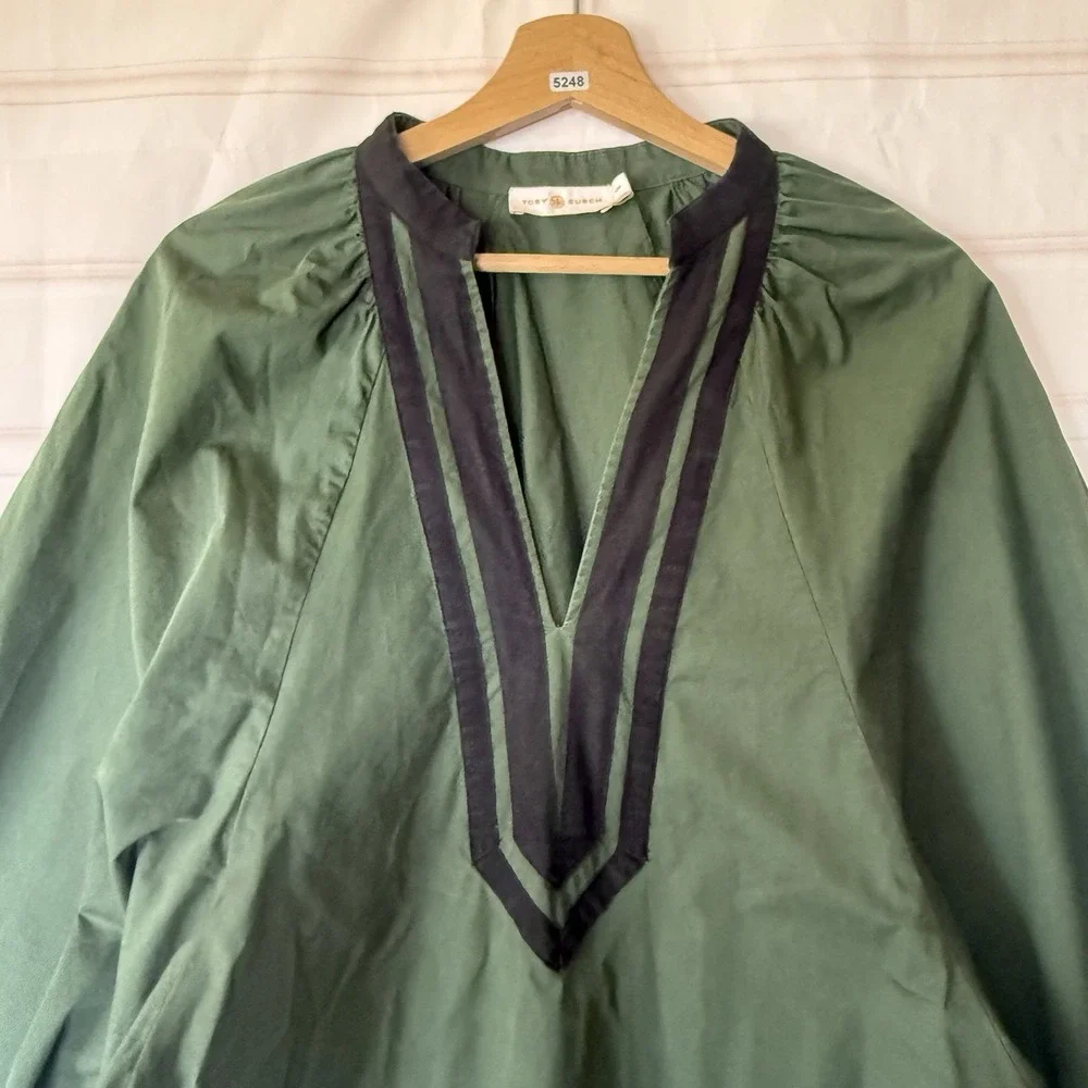 Tory Burch V Neck Puff Sleeve Tunic Banyan Green Size M